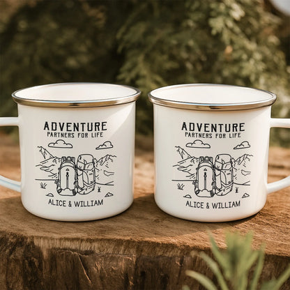Personalized Enamel Mug, Couple Holding Camping Design, Creative Gift For Adventure Partners