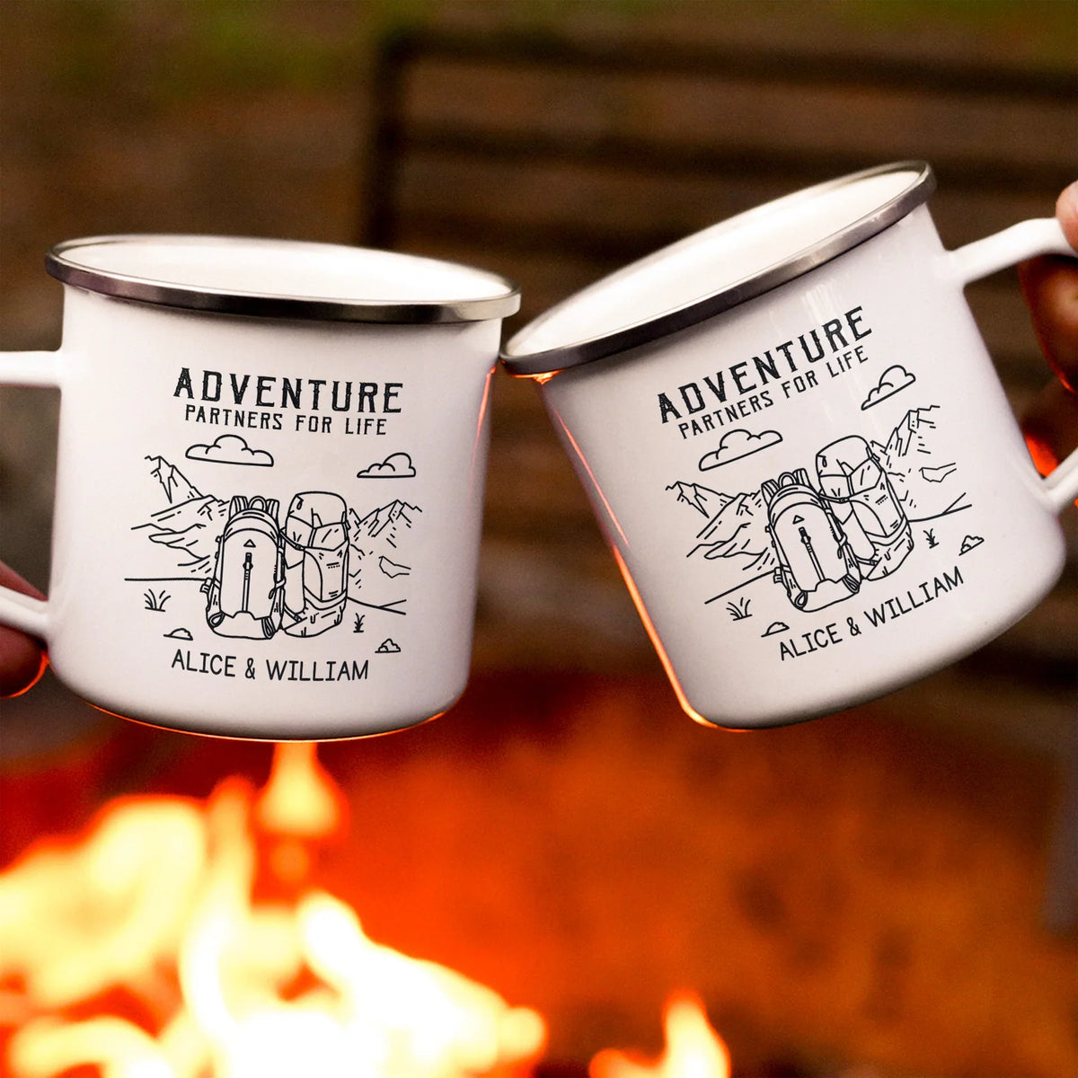 Personalized Enamel Mug, Couple Holding Camping Design, Creative Gift For Adventure Partners