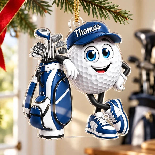 Personalized Acrylic Ornament, Smiling Golf Ball Leaning on Golf Bag, Unique Christmas Gift for Golfers