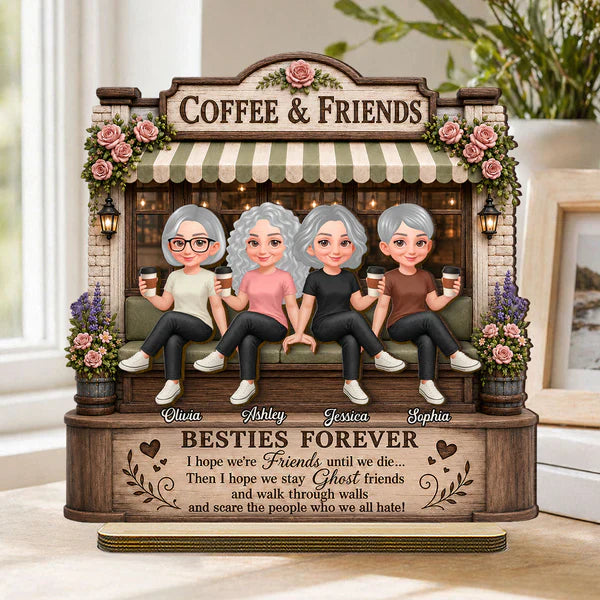 Personalized 2-Layer Wooden Plaque, Seated Friends with Coffee, Unique Gift for Besties