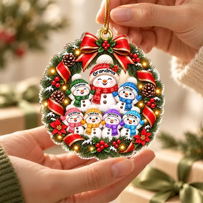 Grandma's Family Love Acrylic Ornament, Personalized Waving Snowman Wreath Keepsake, Creative Christmas Gift
