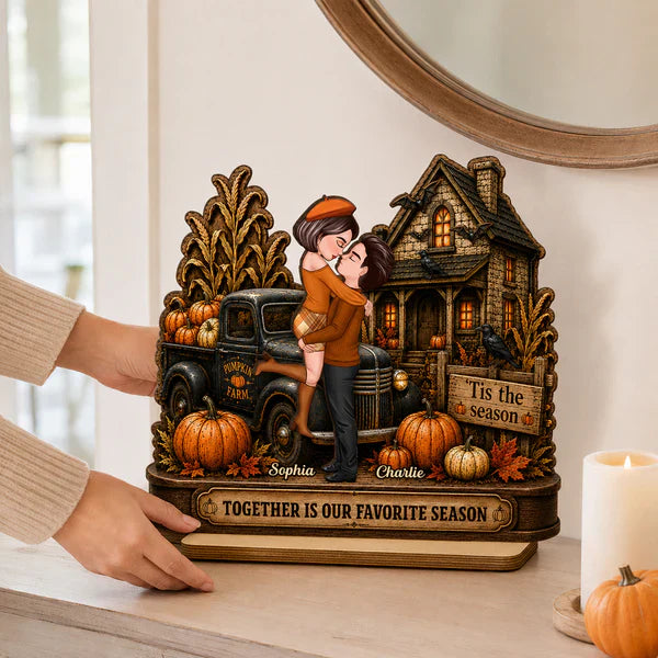 Personalized 2-Layer Wooden Plaque, Fall Couple Hugging at Haunted House, Unique Gift for Couple
