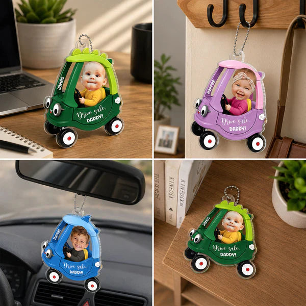 Personalized Acrylic Car Hanger With Baby Driving Green Cartoon Car, Unique Creative Gift For Dad