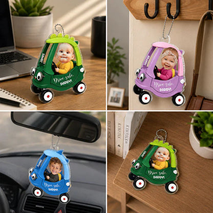 Personalized Acrylic Car Hanger With Baby Driving Green Cartoon Car, Unique Creative Gift For Dad