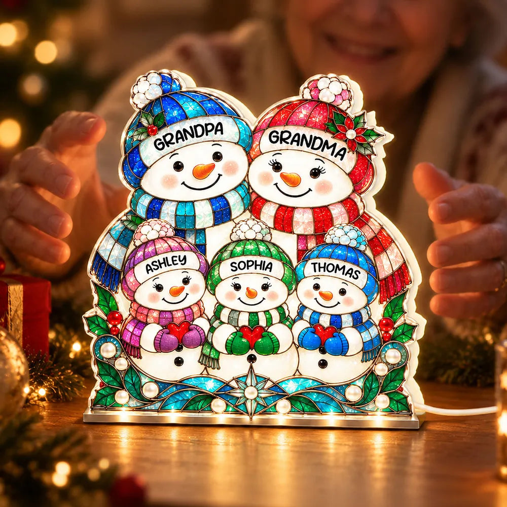 Personalized Gathered Snowman Family Acrylic Light Box, Colorful Christmas Decor, Unique Gift for Grandparents