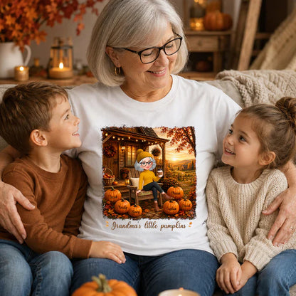 Personalized Classic Tee, Grandma Sitting on Fall Porch, Unique Gift from Grandkids