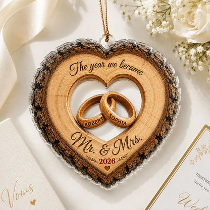 Personalized Acrylic Ornament, Heart Ring Wedding Keepsake, Unique Gift for Couple, Mr. & Mrs Holiday Decor