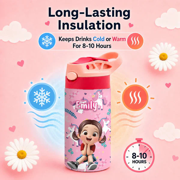 Personalized Kids Water Bottle with Pink Unicorn Pattern, Unique Creative Gift for Daughter