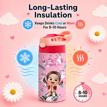 Personalized Kids Water Bottle with Pink Unicorn Pattern, Unique Creative Gift for Daughter