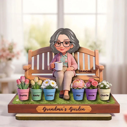 Personalized 2-Layer Wooden Plaque Grandma's Garden Bench Scene for Grandma, Sweet Family Keepsake Gift