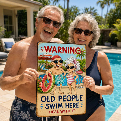Personalized Rectangular Iron Sign, Funny Old People Swim Here Pool Decor, Unique Gift for Couple