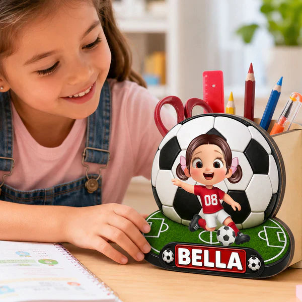 Personalized Wooden Pen Holder With Cute Soccer Kid, Unique Creative Gift For School Desk