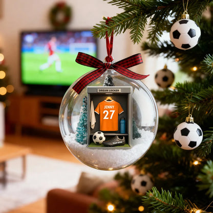 Christmas Snow Globe Ornament - Soccer Locker Mini Scene, Clear Acrylic, Personalized - Unique Gift for Son, Grandson, Boyfriend