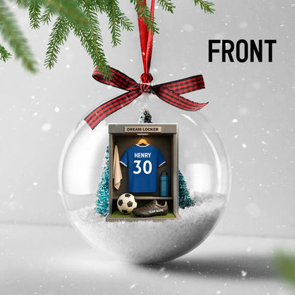 Christmas Snow Globe Ornament - Soccer Locker Mini Scene, Clear Acrylic, Personalized - Unique Gift for Son, Grandson, Boyfriend