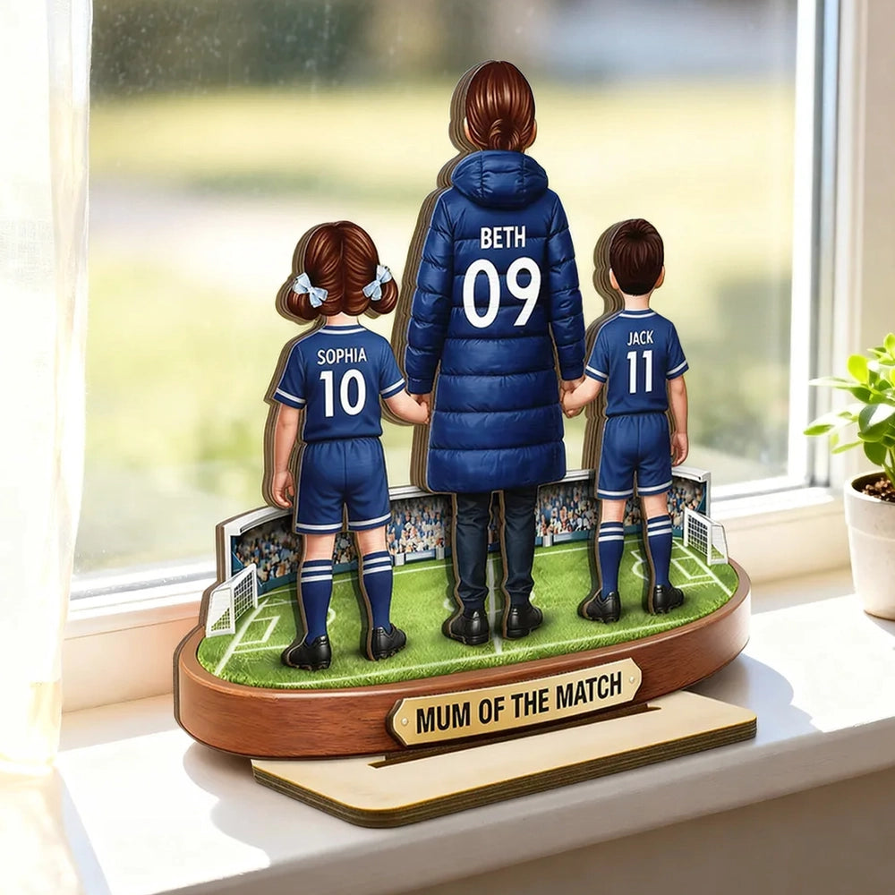 Personalized 2-Layer Wooden Plaque Soccer Mom and Kids Holding Hands Field Scene, Mum of the Match Unique Gift