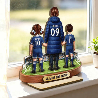 Personalized 2-Layer Wooden Plaque Soccer Mom and Kids Holding Hands Field Scene, Mum of the Match Unique Gift