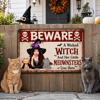 Personalized Rectangular Iron Sign, Witch Sipping with Costumed Cats, Unique Halloween Gift for Cat Lovers