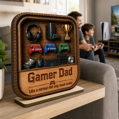 Gamer Dad 2-Layer Wooden Plaque, Personalized Gaming Shelf Display, Unique Gift for Dad