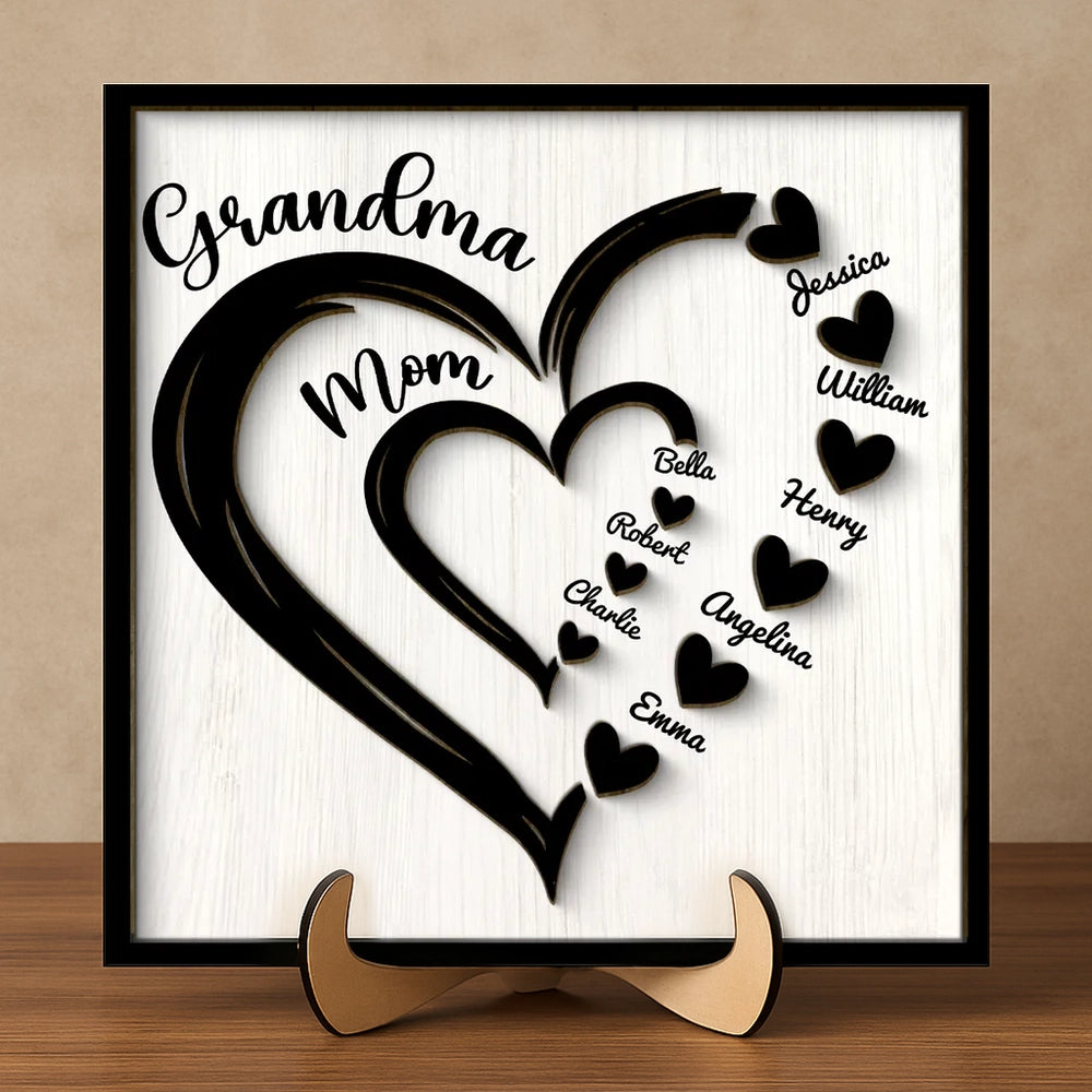 Personalized 2-Layer Wooden Plaque Heart-in-Heart Family Display, A Unique Gift For Grandma Or Mom
