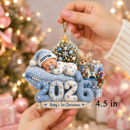Personalized Acrylic Ornament, Sleeping Baby by a Christmas Tree, Unique First Christmas Gift for New Parents
