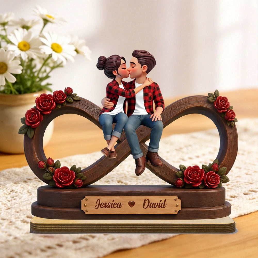 Personalized Wooden Plaque With Kissing Couple & Red Roses, Unique Gift for Couples