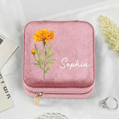 Velvet Travel Jewelry Box, Personalized Floral Keepsake for Everyday Rings and Earrings, Unique Gift for Mom or Friend