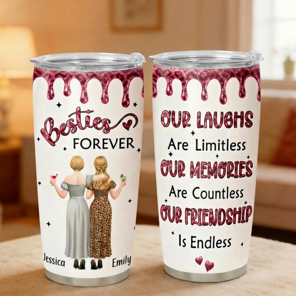 Our Friendship Is Endless Insulated Travel Tumbler, Personalized Best Friend Gift with Pink Sparkle Quote Design for Daily Coffee and Travel