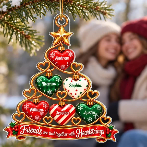 Personalized Acrylic Ornament, Red and Green Heart Tree Design, Unique Christmas Gift for Best Friends