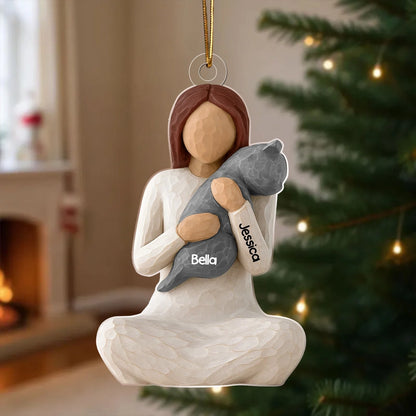 Wooden Ornament - Carved Figure Hugging a Cat, Winter Tree Decor, a unique gift for cat moms & pet owners
