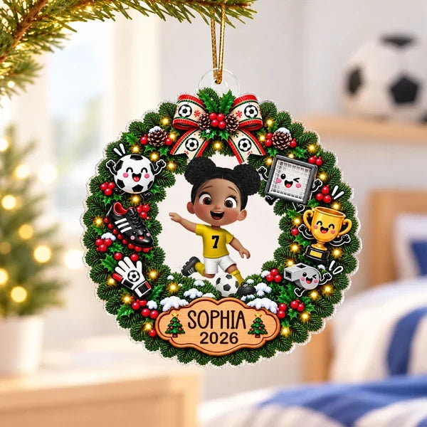 Personalized Acrylic Ornament, Festive Soccer Wreath with Running Player, Creative Gift for Players and Fans