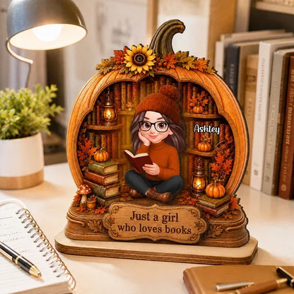 Personalized 2-Layer Wooden Plaque, Woman Reading in an Autumn Pumpkin Library, Unique Gift for Book Lovers