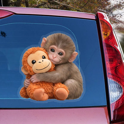 Personalized Baby Monkey Hugging Plush Sticker Decal for Car Window or Locker, Cute Unique Gift for Kids & Grandson