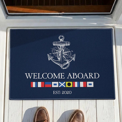 Navy Anchor Welcome Aboard Premium Doormat, Personalized for a Cozy Front Door Moment - Creative Gift