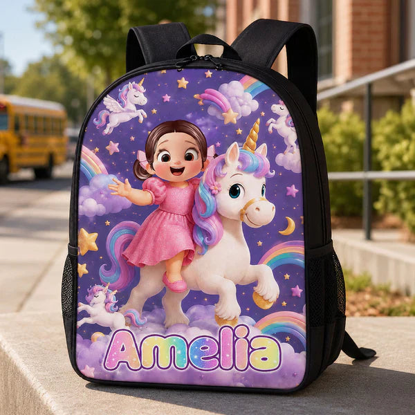 Personalized Kids School Backpack, Girl Riding Unicorn Design, Unique Back to School Gift for Daughter