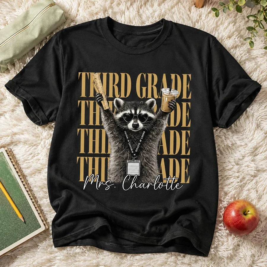 Classic Tee, Retro Raccoon Holding Ruler & Iced Coffee, Creative Gift for Teachers