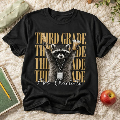 Classic Tee, Retro Raccoon Holding Ruler & Iced Coffee, Creative Gift for Teachers