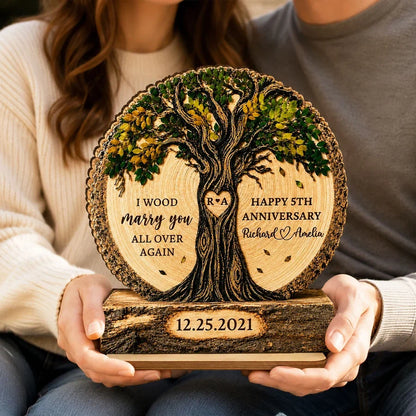 Personalized 2-Layer Wooden Plaque with Intertwined Couple Tree, Unique Anniversary Gift for Spouse