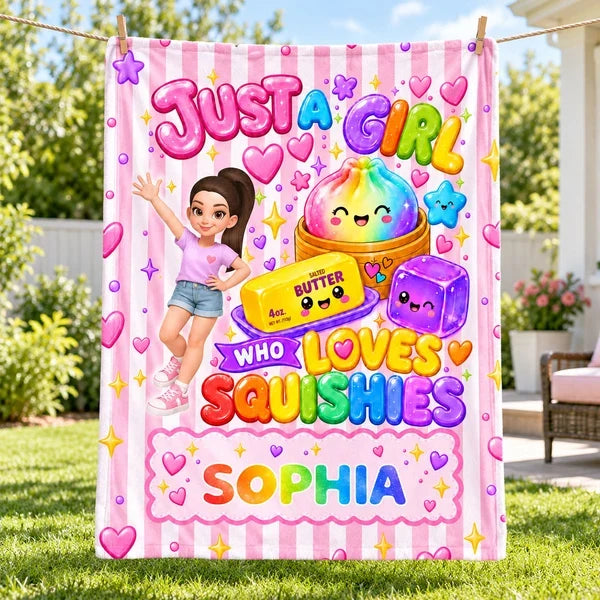 Personalized Fleece Blanket, Waving Girl with Rainbow Squishies, Unique Gift for Daughter
