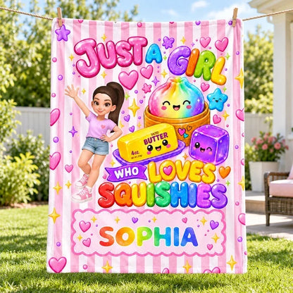 Personalized Fleece Blanket, Waving Girl with Rainbow Squishies, Unique Gift for Daughter