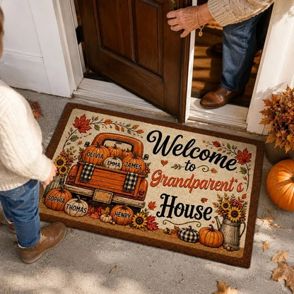 Personalized Standard Doormat with Floral Pumpkin Truck, Fall Entryway Decor, Unique Gift for Grandparents