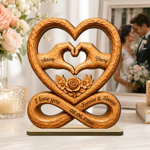 Personalized 2-Layer Wooden Plaque, Heart Hands & Infinity Design, Unique Gift for Couple