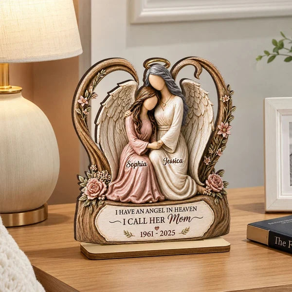 Personalized 2-Layer Wooden Plaque, Warm Angel and Daughter Embrace, Unique Sympathy Gift for Daughter