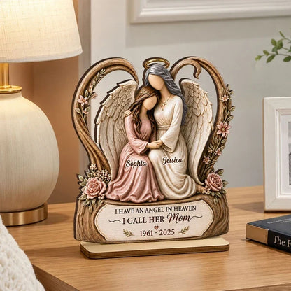 Personalized 2-Layer Wooden Plaque, Warm Angel and Daughter Embrace, Unique Sympathy Gift for Daughter