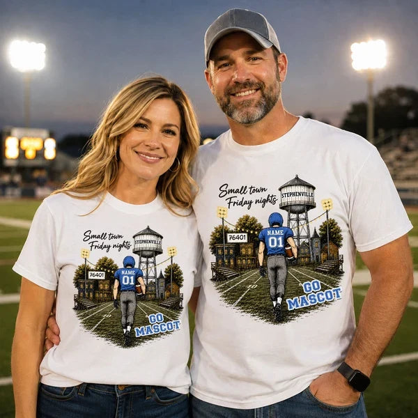 Personalized Classic Tee, Player Walking into a Green & Gold Friday Night Football Scene, Creative Gift for Mom
