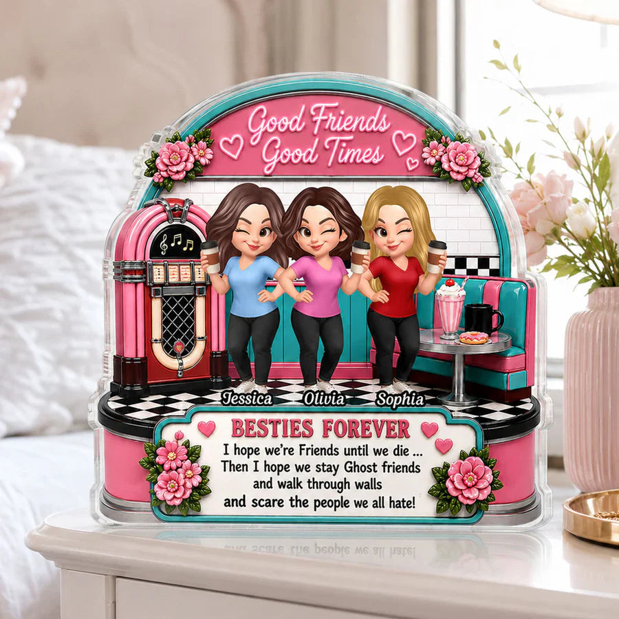 Personalized Shaped Acrylic Block Plaque, Winking Friends in Retro Diner, Unique Gift for Close Friend