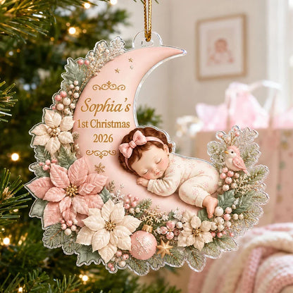 First Christmas Acrylic Ornament, Sleeping Baby on Blush Floral Moon, Personalized Creative Gift for Mom & Dad