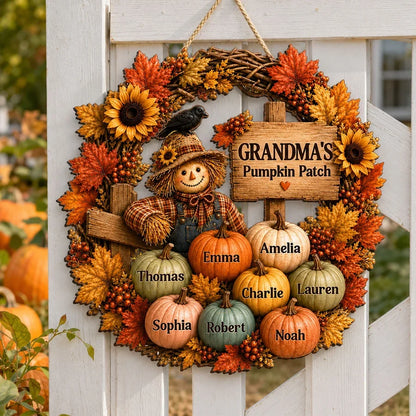 Personalized Wooden Sign with Scarecrow Pumpkin Patch, Autumn Door Decor, Unique Gift for Grandma