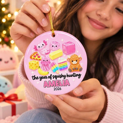 Personalized Ceramic Ornament, Pink Squishy Character Collection, Unique Christmas Gift for Kids and Grandkids