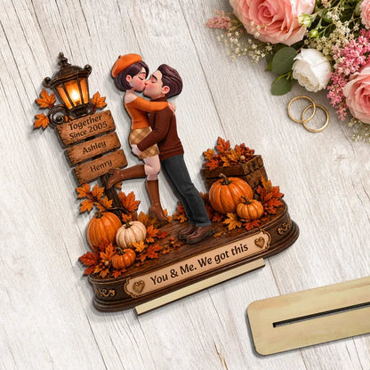 Personalized 2-Layer Wooden Plaque, Kissing Couple in Cozy Fall Scene, Unique Anniversary Gift for Couples