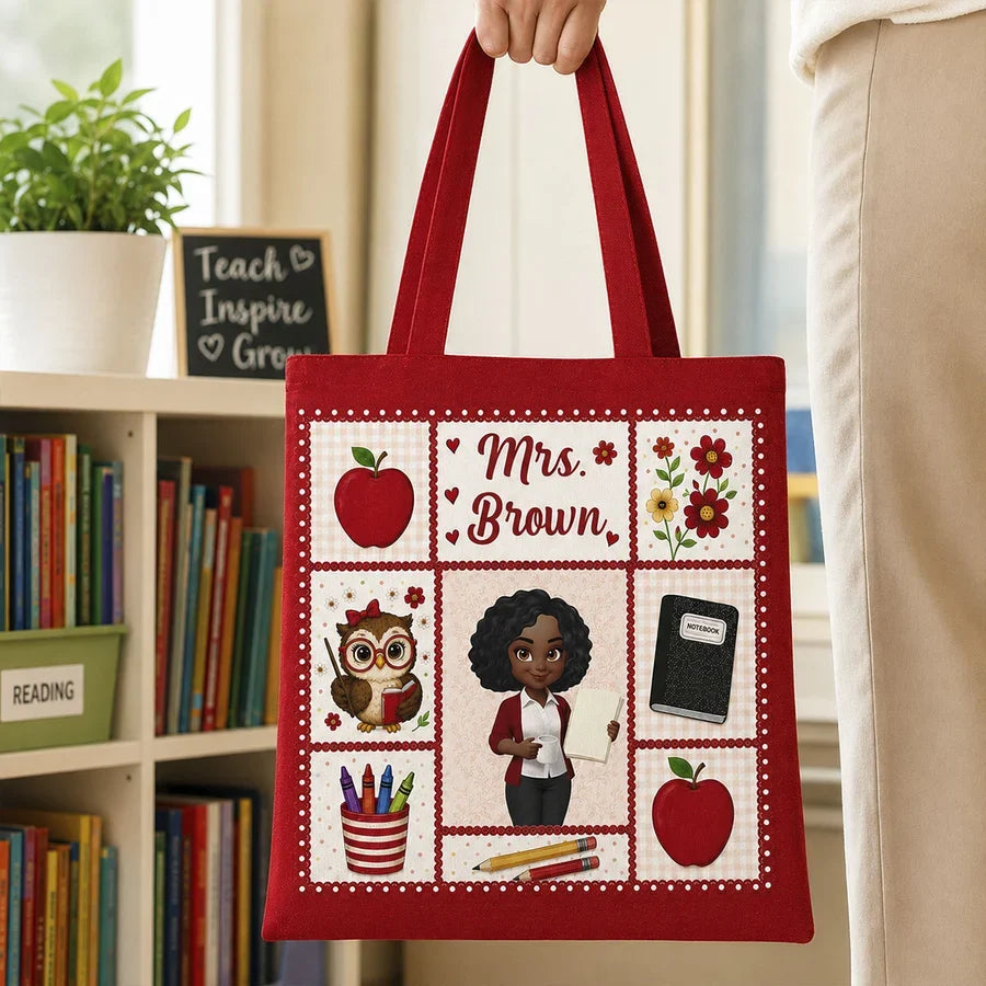 Personalized Teacher Tote Bag With Apple Classroom Art, Unique Gift For Teacher